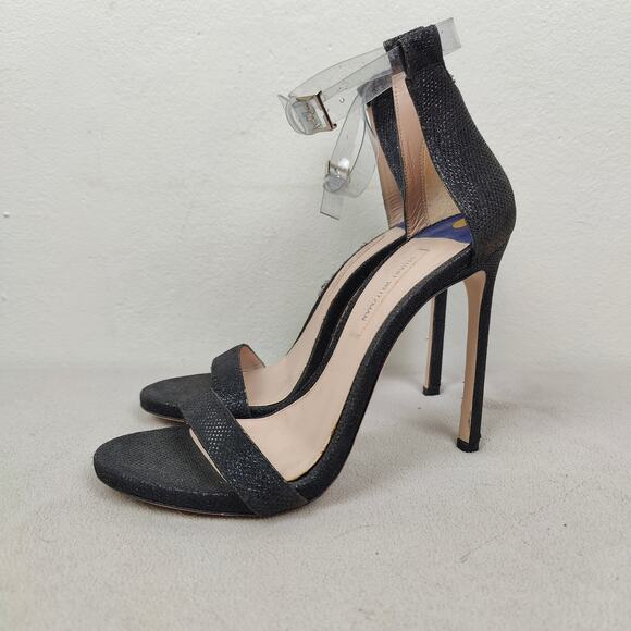 Stuart Weitzman‎ The Ruby Nudist Heels Womens 8 Black Glitter Sandals Shoes Glam - Picture 4 of 11